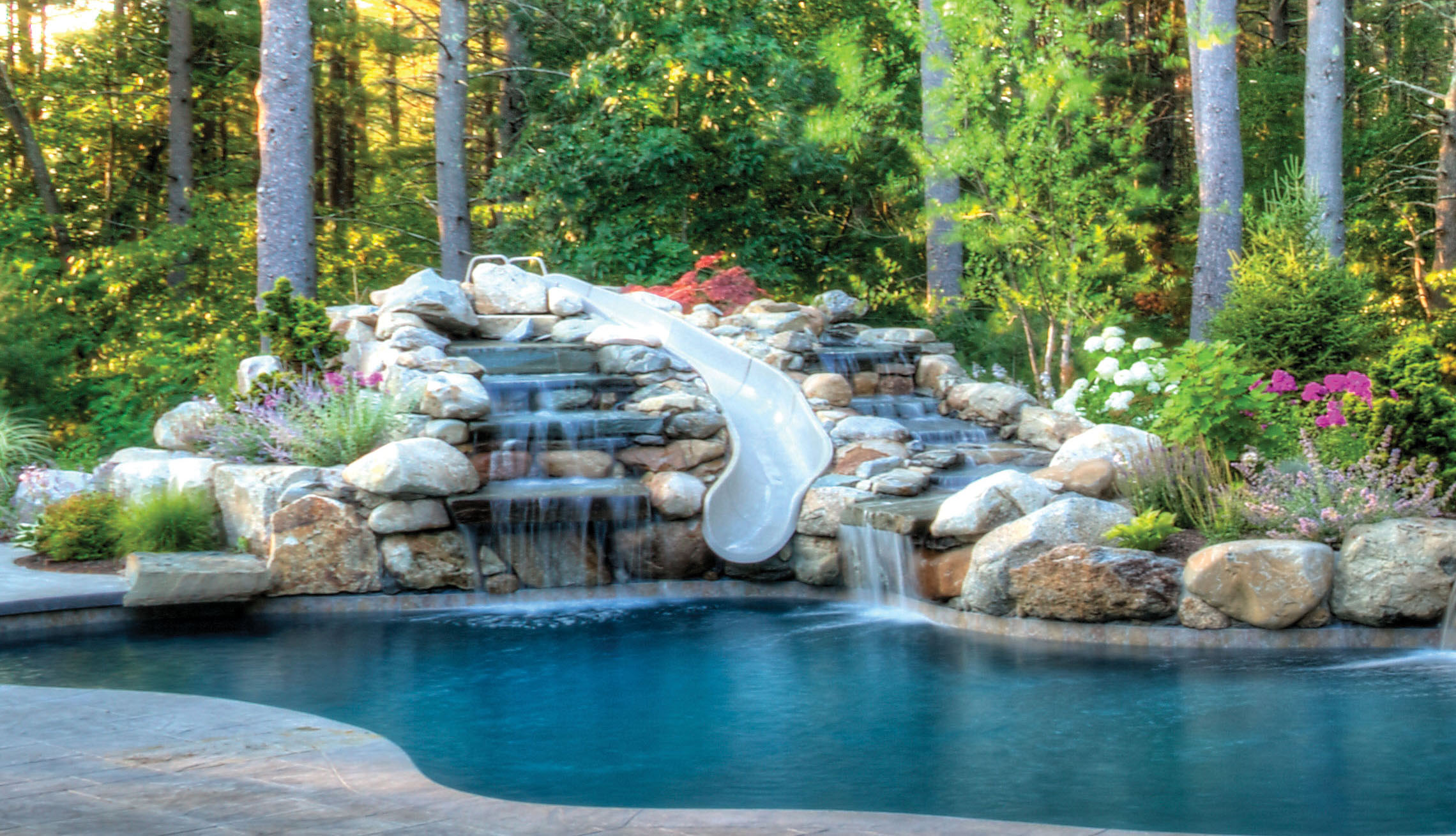 Slide from deck into pool.  Pool houses, Backyard pool designs